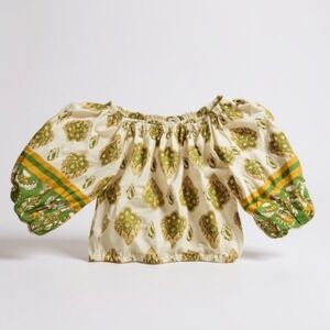 Cream and Green Printed Off-Shoulder Peasant Blouse